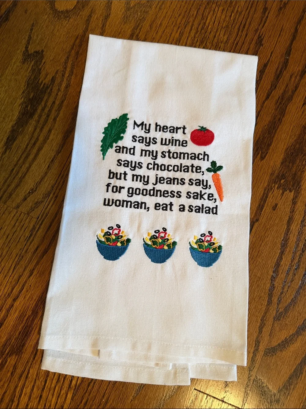 White Embroidered Salad Quote Kitchen Towel with Colorful Veggie Accents